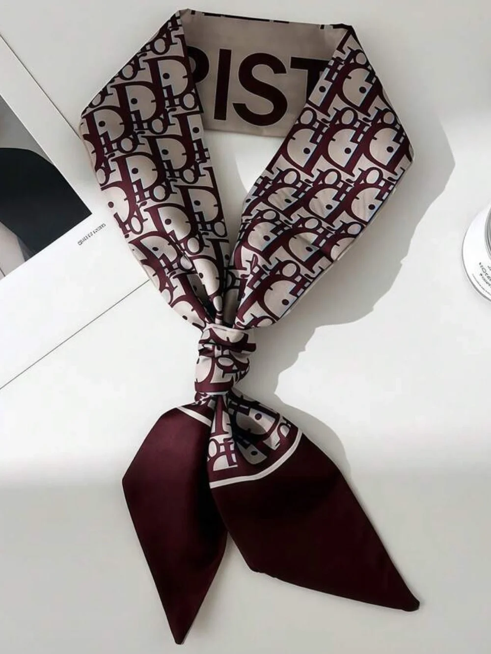 Dior Logo Print Burgundy and White Silk Scarf